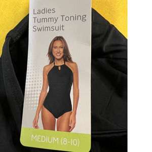 NWT Crane Black Halter Tummy Toning One Piece Swimsuit, Size M